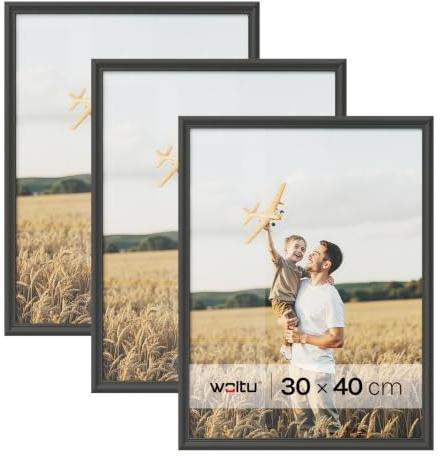 WOLTU Bilderrahmen 30x40, 5er set, Massivholz Fotorahmen mit Passepartout | Schwarz, Front aus PS-Platte, Posterrahmen zum vertikalen oder horizontalen Aufhängen und Aufstellen, Collage Wanddeko