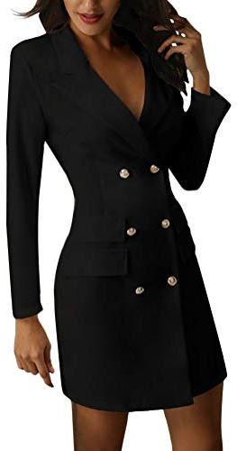 Minetom Femmes Robe Moulante Sexy Slim Fit Mini Robe Double Boutonnage Blazer Robes de Soirée Chic Manches Longues OL Bureau Manteau Veste Noir FR 40