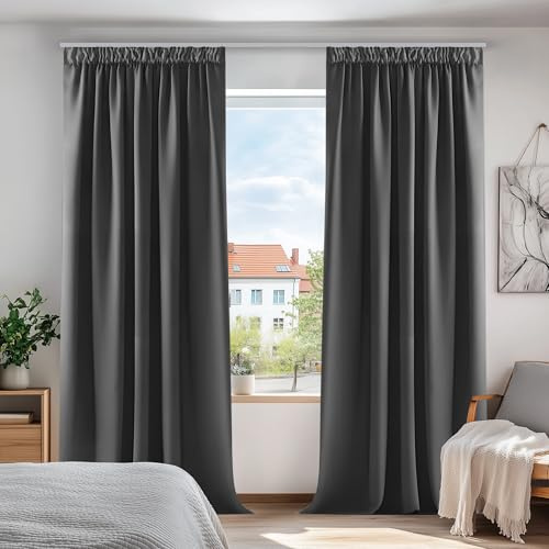 Deconovo Gardinen mit Kräuselband Blickdicht Vorhänge UV-Schutz Dunkelgrau | 2er Set, H 240 x B 140 cm, Hitzeschutz, Wohnzimmer Vorhang, Curtains for Bedroom, für Schienen, Sichtschutz, UV-schutz