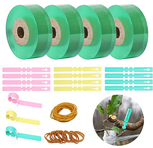 Birsppy BIGKASI 4 Rolle Veredelungsband 20mm * 100m Pfropfband PVC Baumpfropfband Veredelungstape Dehnbare und Selbstklebend Band mit 30 Etiketten & 50 Gummiband für Garten Obstbaum Graft