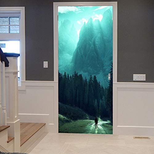 A.Monamour Türtapete Selbstklebend Türfolie Türposter 3D Mann Der Allein In Den Tiefen Bergen Nebligen Wald Naturlandschaft Geht Vinyl Folie Türdeko Tapete Wandbild Türaufkleber Türtattoo 77 x 200 cm