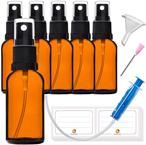 HandsUnity Lot de 6 flacons pulvérisateurs en verre avec atomiseur - Ambre - Lot de 17 flacons de pharmacie avec atomiseur noir en verre ambré - Avec vaporisateur noir