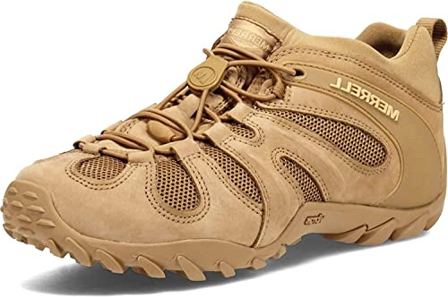 Merrell Men's Chameleon 8 Stretch Tactical Work Shoes, Waterproof Nubuck & Mesh Upper Ultra-Lightweight Hiking Combat Boots, Coyote, 8.5