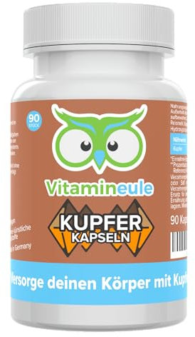 Kupfer Komplex Kapseln - hochdosiert 4 mg - bioaktiv & vegan - Kupfergluconat & Kupferbisglycinat - Produktion in Deutschland - laborgeprüft - kleine Kapseln statt Tabletten - Vitamineule®