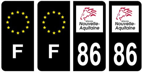 HADEXIA Set mit 4 Nummernschild-Aufklebern Departement 86 Wien Region New Aquitaine Schwarz Farbe & F Frankreich Europa