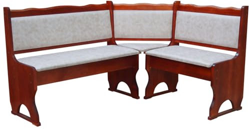 k koma Eckbank aus massivem Kiefernholz, Farbe Calvados, mit Polsterung aus Ökoleder Beige II (140 x 160)