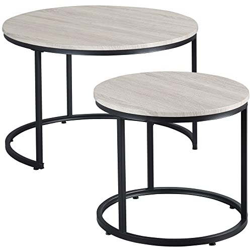HOMCOM Round Nesting Tables Set of 2, Stacking Coffee Table Set with Metal Frame for Living Room, Grey