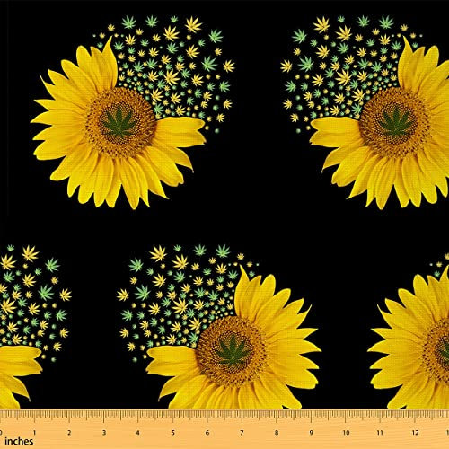 Sonnenblumen Dekostoff Gelber Blumen Polsterstoff für Drinnen Draußen Schickes Blumenmuster Meterware Botanischer Natur Wasserdichter Stoff für Kinder Mädchen Frauen 184 x 150 (HxB) Schwarz