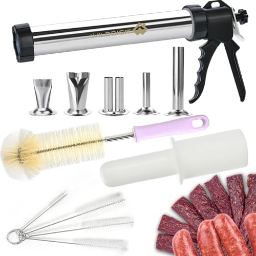 WILDDIGIT Professional Beef Jerky Gun Kit, Stainless Steel Jerky Maker with 5 Nozzles and 5 Brushes | Jerky Maker with 1 Meat Pusher, 5 Nozzles & 5 Cleaning Brushes for Homemade Sausage & Beef Jerky