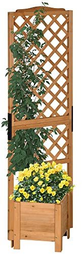 Outsunny Jardinera cuadrada con celosía sobre patas para flores plantas, Maceta para Enredaderas – Dimensiones: 54,5 x 52 x 180 cm – Madera de árbol pre-engrasado