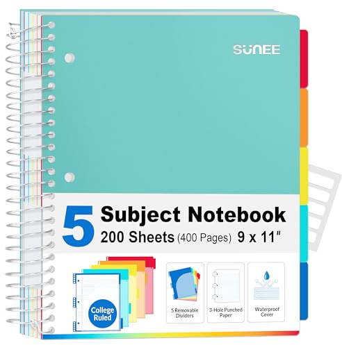 SUNEE 5 Subject Notebook College Ruled - 400 Pages, 9x11, 5 Pocket Colored Dividers, 3-Hole Punched Paper, Teal