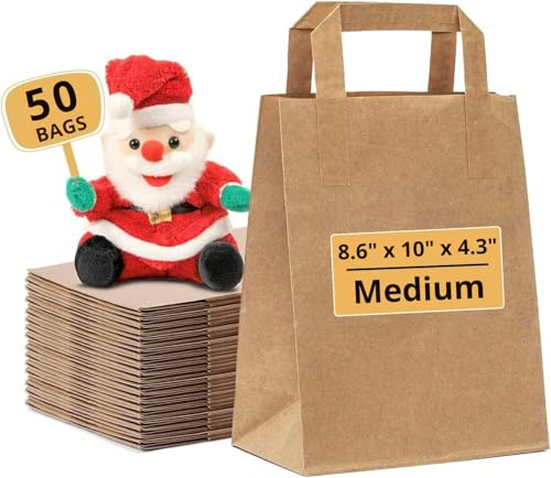 Paper Bags with Handles - 50 Medium Brown Paper Bags (W8.6 x H10 x D4.3) SOS Kraft Bags - Perfect for Lunch, Party, Gift, Storage, Packaging, Grocery, Takeaway, Shopping, Sandwich