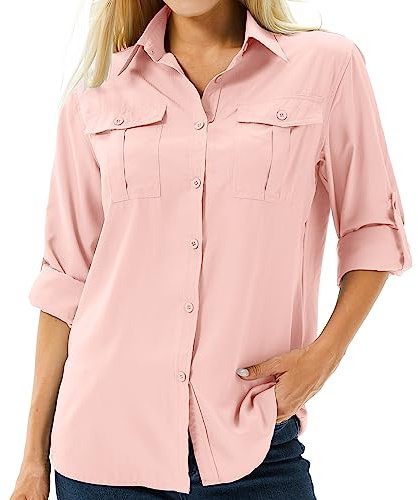 Asfixiado Camisa de mujer UPF 50+ con protección UV, camiseta de manga larga para mujer, blusa de senderismo, ropa de safari, transpirable, para exteriores, fresca, de secado rápido, camiseta