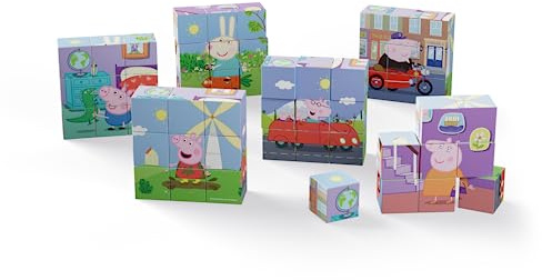 Peppa Pig Peppa Wutz Holzpuzzle, 3 x 3 cm, 6 Puzzles mit verschiedenen Illustrationen, mit Beutel zur Aufbewahrung, ab 24 Monaten (DEQUBE 921D00063)