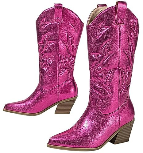 EXECAB Bottes de Cow-Girl pour Femmes Talon épais Paillettes Bottes Western brodées métalliques Scintillantes Bottes de Cow-Boy à Mollet Large Vintage,Violet,36 EU