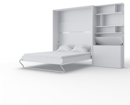 MAXIMAHOUSE Schrankbett vertikal mit Bücherregal, Invento LED 160V mit Lattenrost aus Holz, Wandklappbett 160x200 Erwachsene, modern Concept und Design (Weiß/Weiß matt)