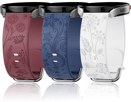 Floral Gravierte Armband Kompatibel mit Samsung Galaxy Watch 7/ FE/ 6/5/ 4/ Active 2 40mm 44mm/ 5 Pro 45mm/ Watch 6/4 Classic 43mm 47mm 42mm 46mm, 3 Stück 20mm Silikon Ersatzarmband für Damen BWR