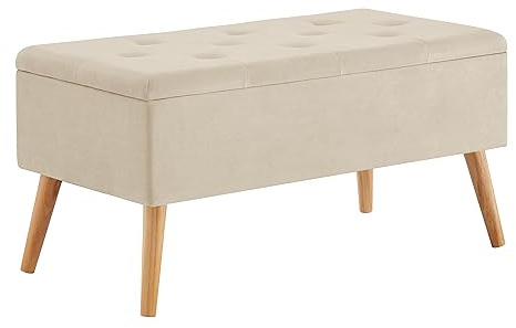Zedelmaier Sitzbank mit Stauraum, mit Holzbeinen, 76 x 40 x 40 cm, Beige | Samt, gepolstert, bis 150 kg; Truhenbank mit Stauraum, Polsterbank oder Bettbank für Schlafzimmer, Flur und Wohnzimmer