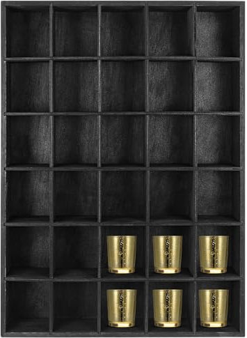 Wenqik 1 Pcs Shot Glass Case for Wall - 30 Slots Wooden Shot Glass Holder Display Rack Freestanding (Black)