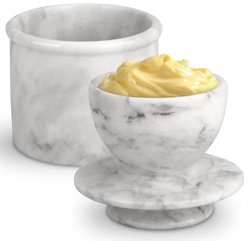 Butterbehälter aus Marmor, Weiß Grau | Butterdose mit Deckel, Wassergekühlt, Butterfass, Butterglocke, Streichfähiger für Frische und Streichfähige Butter