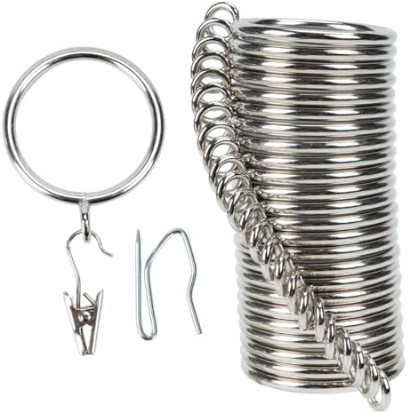 Vorhangringe und Hakenclip, 38 mm Innendurchmesser, komplettes Set mit Gardinenstangenringen, Haken und Clips, 24 Stück, Vorhangringe für Zwei Standard-Vorhänge Silber TXZWJZ