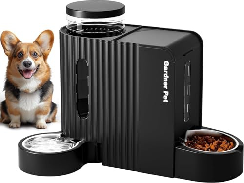 Gardner Pet 2-en-1 Distributeur Croquettes Chat Automatique 6L*2, Distributeur Eau Chat et Chien par Gravité, Mangeoire avec Gamelle Acier Inoxydable, sans BPA, Angle Réglable,Non Électrique, Noir