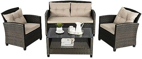MOLVUS 4-teiliges Rattan-Möbelset für den Außenbereich, gepolstertes Sofa, Armlehne, Stuhl, untere Ablage, braun