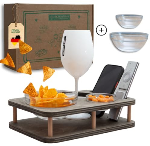 Couchbar Snackbar in Grau mit 2 Glasschalen - Sofatablett für Snacks & Getränke [stabil & sicher] - Getränkehalter für Sofa - Snackbar Couch für Kaffeetasse - Weinbar Mini