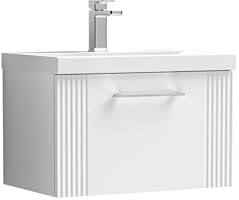 Balterley Vanity Unit with Basin Wall Hung, Single Drawer Soft Close with Mid Edge Sink and Handle, Bathroom Vanity Units with Basin, Partial Fluted Sink Cabinet - 610 x 390 x 399mm (White)