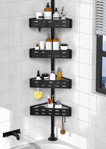 KEGII Teleskop Duschregal - Teleskopregal Bad Eckregal Dusche Duschablage Ohne Bohren Teleskopstange Dusche für Badezimmer Badewanne (Schwarz, 4 Körbe)