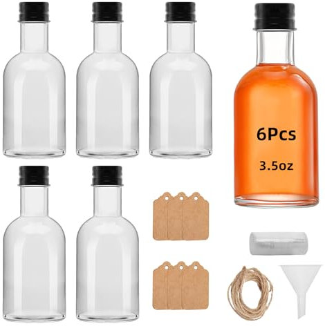 eispap Mini botellas de licor de vidrio de 3.5 onzas con tapas, botellas de vino de vidrio pequeñas, reutilizables, botellas de alcohol vacías con tapa de rosca negra de aluminio, 100 ml (6)