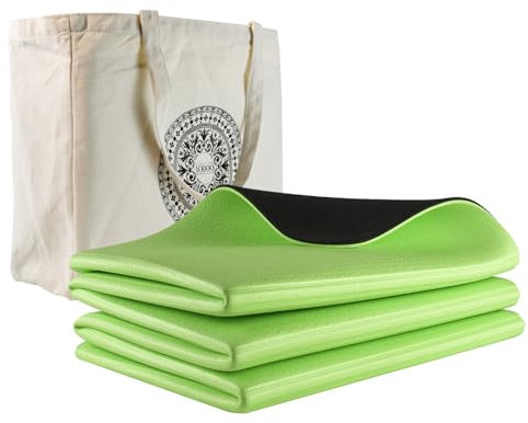 iodoo Faltbare Yogamatte, 182,9 x 81,3 cm (L x B), extra dick und 8 mm breit, mit Canvas-Tasche, faltbare Yogamatte für Reisen, mit Tragetasche aus Segeltuch, rutschfeste TPE-Übungsmatte (schwarz-grün