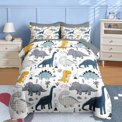 Nesker 7 Pcs Comforter Set Full Size, Cute Dinosaur Dino Bedding for Kids Teen, Blue Yellow Dragon with Fitted Sheet 2 Pillowcases & 2 Shams for Bedroom Bed Décor
