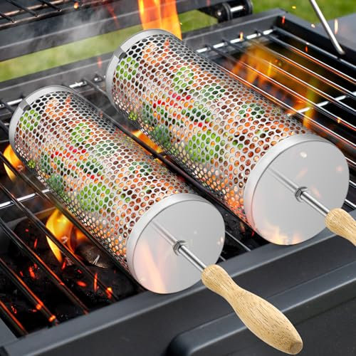 Rolling Grill Baskets,【2025Upgraded】 2Pcs Rolling BBQ Basket with Removable Wooden Handle,BBQ Accessories Tools for Vegetables Shrimp,Outdoor Cooking Camping,Gifts for Men Dad (2 Pcs Round)