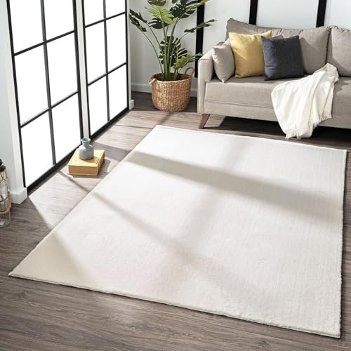VIMODA Teppich Wohnzimmer Schlafzimmer Flauschig, kurzflorig – waschbar und Fußbodenheizung geeignet,Farbe:Creme;Maße:160x220 cm