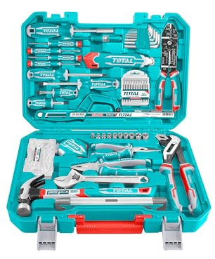 TOTAL - Maletín de Herramientas con 168 Piezas - Caja Completa con Herramientas de Bricolaje - Alicates, Destornilladores, Martillo, Nivel, Cutter, Puntas - Medidas 40x30x9 cm - Asa y Cierre Seguros