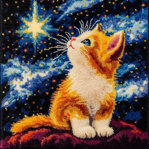 AxiangziK Nachtansicht Kissenbezug Knüpfset,Katze unter den Sternen,Knüpfkissen Set,DIY Knüpfteppich Knüpfpackung,Latch Hook Kits für Kinder und Erwachsene,17x17in