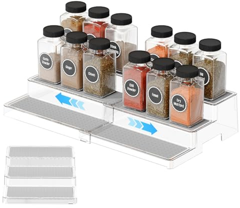 PAVSTINE Spice Rack for inside Cupboard, 3 Tier Extendable Spice Shelf, Condiment Holder Non Slip Free Standing, Kitchen Cabinet Organiser for Holding Seasoning and Condiments, Transparent