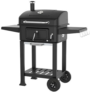 PQPQLI Holzkohlegrill (Grillwagen) BBQ Smoker, BBQ Mit Deckel, Thermometer, Ausziehbare Ascheschale Aus Edelstahl, Beistelltisch, Maße Ca. 60 * 44.5 * 112cm(A)