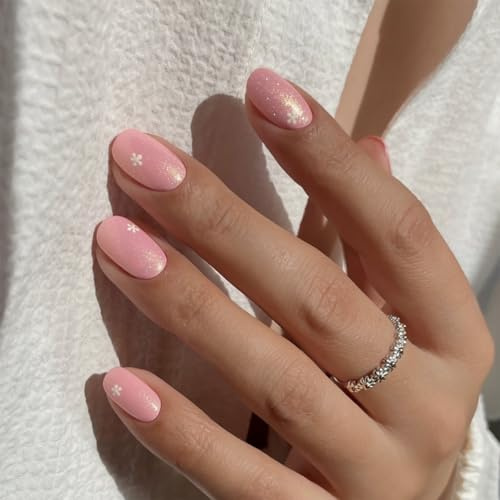 Pink Stick On Nails, Short False Nails With Glue, 24Pcs Oval Fake Nail - Light Pink with Gold Glitter & White Flower Designs - Easy Apply Press On Nails For Women, 12 Sizes Nail Art Gift for Daily