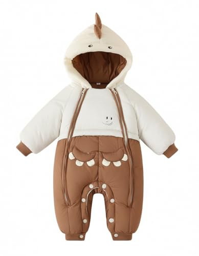 GigaCircle Baby Boy Girl Snowsuit Thicked, Cute Dinosaur Hooded Winter Romper Pram Suit, Double Side Zippers Warm Clothes, Brown-Beige 6-12 Months