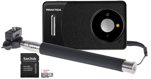 Praktica DZ13 Compact Digital Camera with SanDisk 32GB MicroSD Card & Selfie Stick - 13MP Dual CMOS Sensors, Wide-Angle Lens & 18x Zoom, Full HD Video - Black
