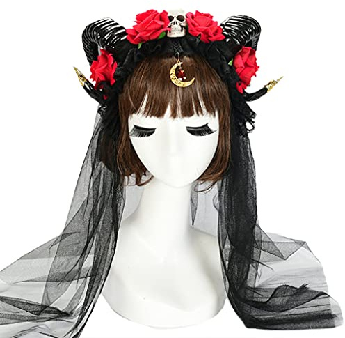 Greabuy Blomma skalle slöja pannband cosplay huvudbonad för halloween festkläder oxhorn hårband karneval huvudbonad festtillbehör oxhorn pannband karneval rekvisita