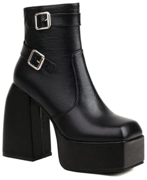 Bottines À Talons Hauts pour Femmes avec Fermeture Éclair Bout Carré Bottines À Plateforme Cuir PU Bottes Courtes avec Boucle,Noir,41 EU