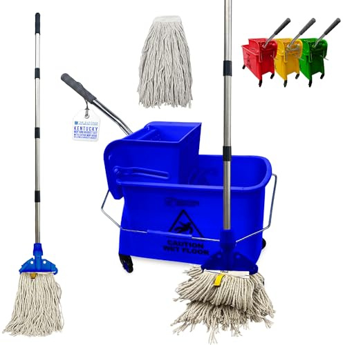 Professional Kentucky Floor Mop and Bucket Set on Wheels - Large Capacity Commercial Industrial Floor Mop Bucket with Wringer, Ideal for Warehouse, Hotel, Office, School Use - Blue