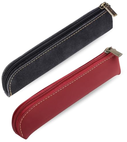 2 estuches de piel para lápices, delgados, portátiles, pequeños con cremallera, diseño vintage, para hombre y mujer, hogar, oficina, viajes, exteriores (negro, marrón), Black Wine Red, S, Clásico