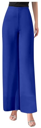 Generisch Pantalon pour femme en mousseline de soie légère avec taille haute élastique, pantalon fluide, jambe droite évasée, culotte de cocktail de mariage pour femme, bleu, M