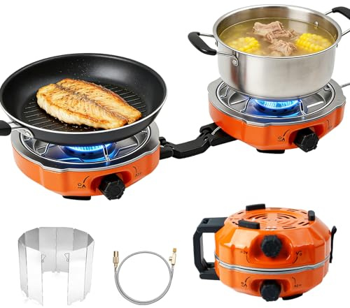 2-in-1 Gas Camping Stove, Camping Stove with Grill Plate & Carry Bag, Gas Stove 2 Burners with Piezo Ignition, Collapsible & Portable for Camping, Hiking & Emergency Cooker