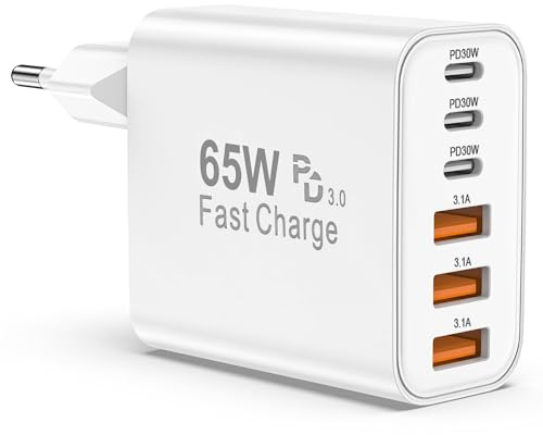 Chargeur USB C, 65W 6 Port Prise USBC Chargeur Rapide iPhone, Multiple Secteur Trois PD+QC 3.1A Type C Adaptateur 25W(MAX) pour iPhone 17 16 15 14 13 12 11 Plus Pro Max X XS XR, pour iPad,pour Samsung