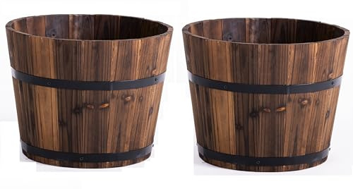 Garden Gear Rustic Wooden Barrel Planter Burnt Fir Wood Oak Style Design Metal Bands Handles Outdoor Garden Pot (Small D30xH23cm x2)